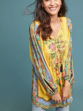 Farm Rio x Anthropologie Lorena Patchwork Tunic Dress Size Small Petite